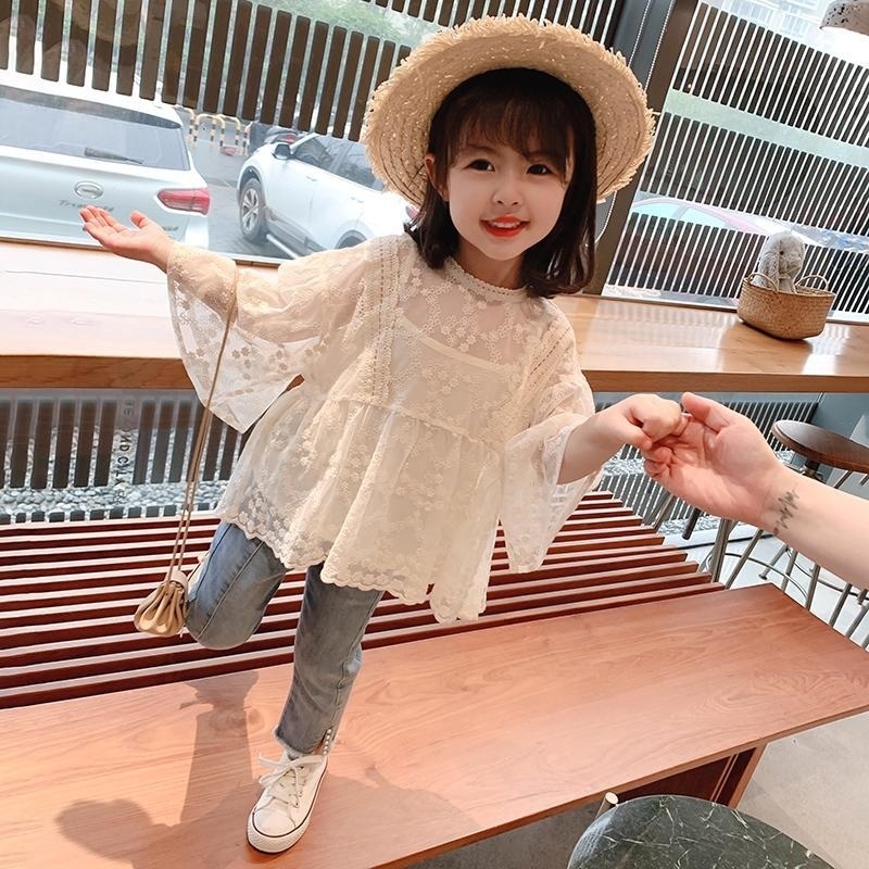 女童衬衫春款2021年白色韩版洋气长袖上衣蕾丝潮夏季两件套儿童装
