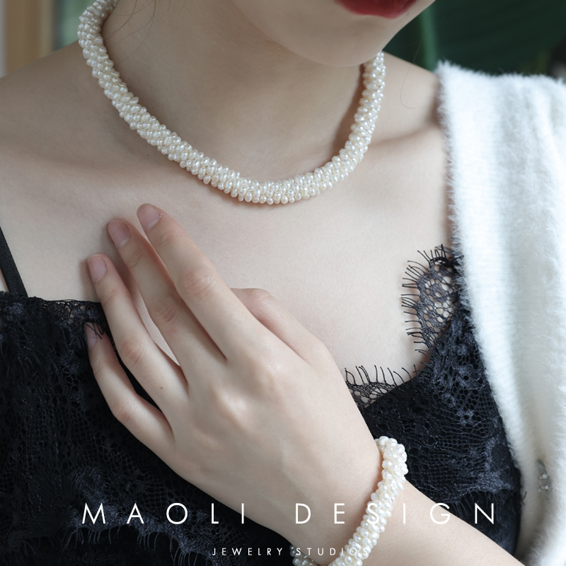 MAOLI/自制手工定制925银镀金秋冬复古天然淡水珍珠手链项链套装
