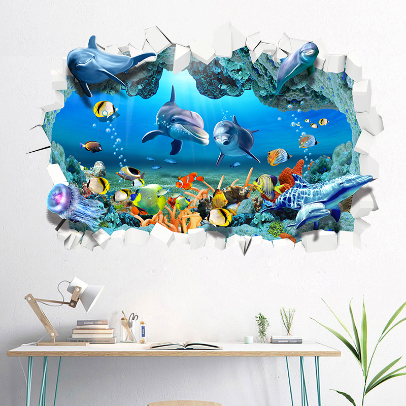 3d立体海底世界墙贴画浴室自粘地板贴地贴海洋风主题墙装饰贴纸