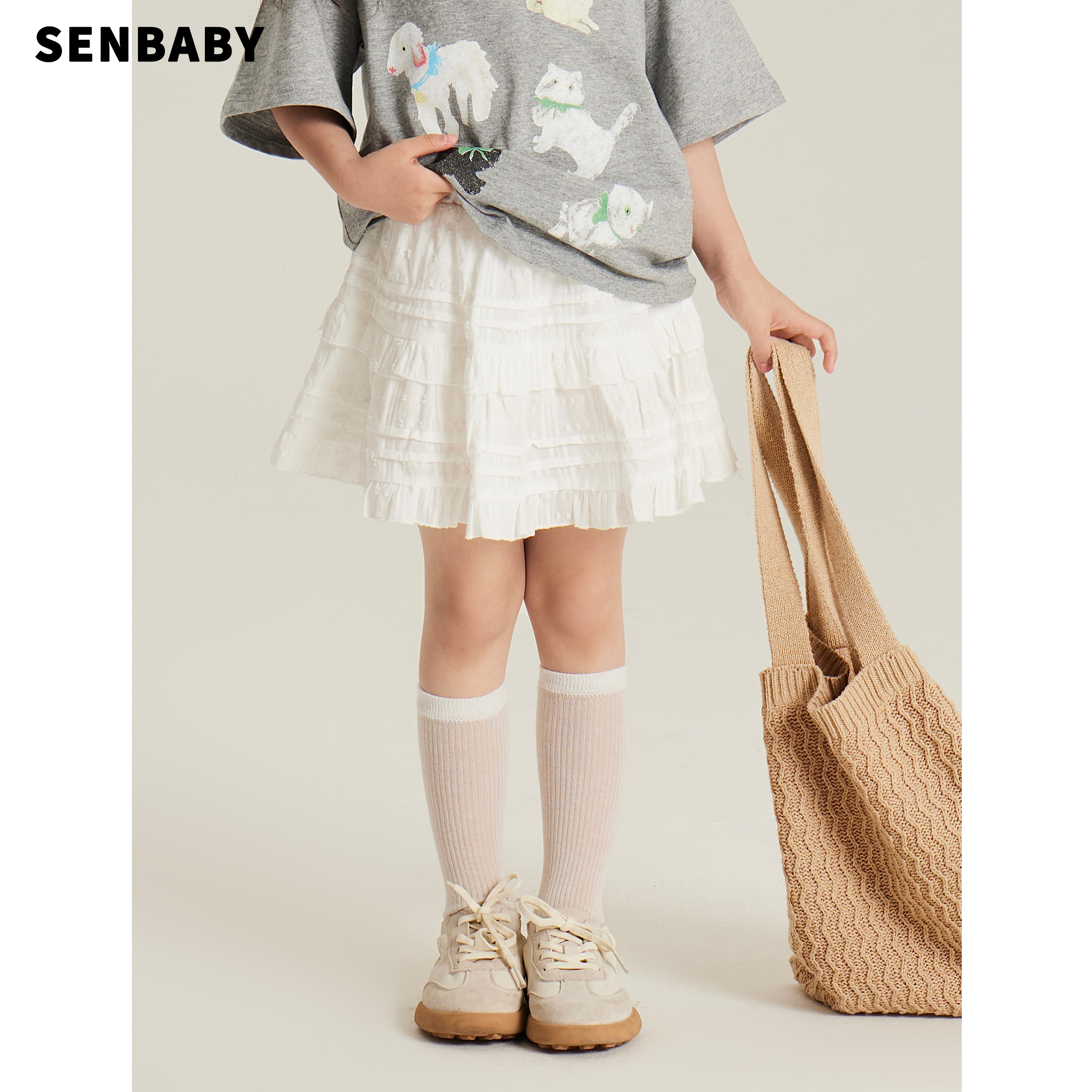senbaby童装定制儿童夏装裙子女童休闲半裙女孩洋气百搭白色短裙