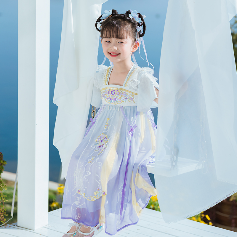 【西子问】汉服襦裙女童改良夏季薄款新款古风超仙公主裙唐装紫萱