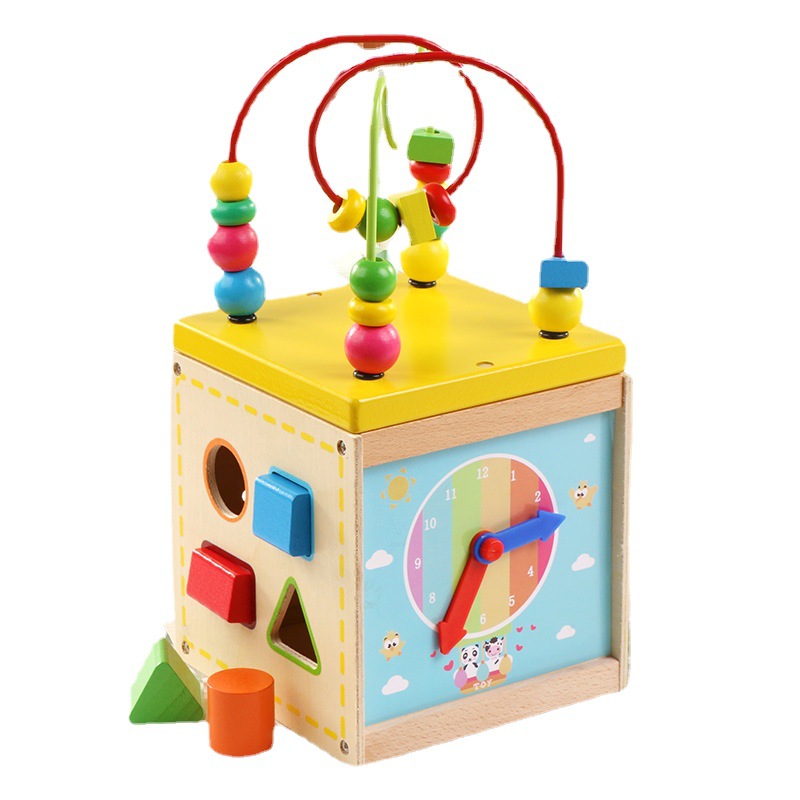 木制益智玩具多功能四面绕珠百宝箱宝宝串珠婴幼儿童形状配对玩具