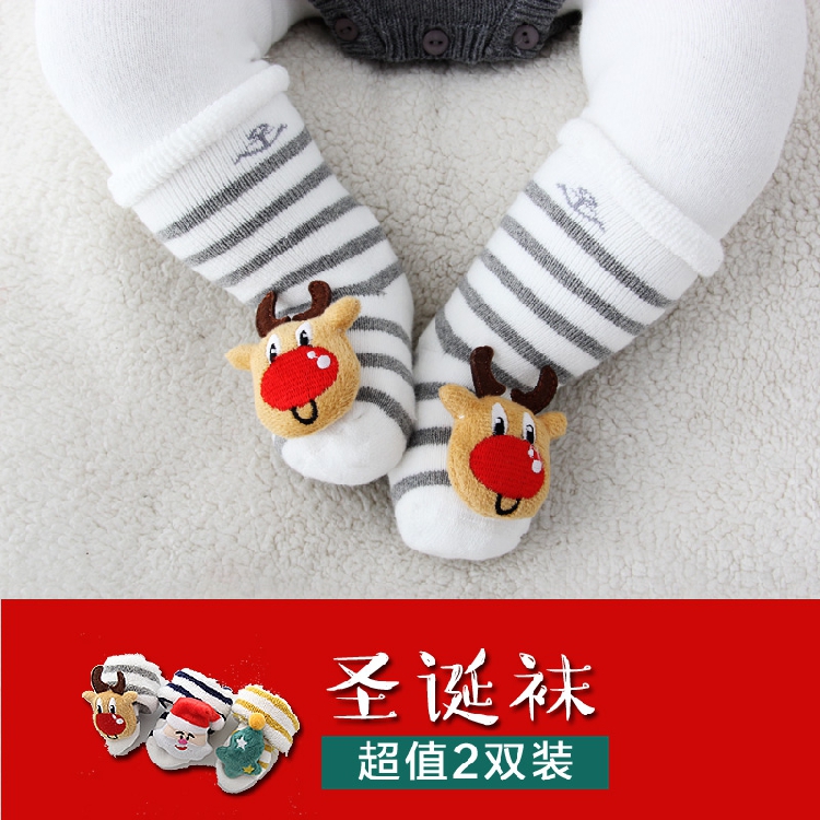婴儿袜子秋冬纯棉毛圈加厚保暖公仔圣诞袜新生儿宝宝造型袜子冬