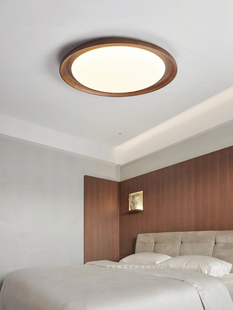 超薄胡桃木色LED吸顶灯现代简约新中式卧室灯圆形中国风书房灯具