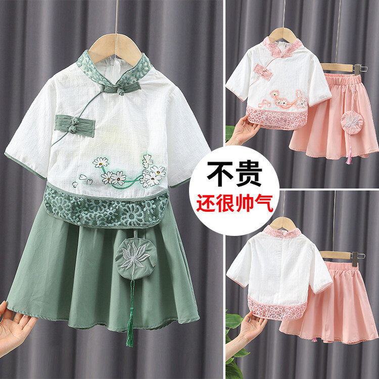 2024新款女童中国风唐装夏装儿童表演服裙子女宝宝新中式汉服套装