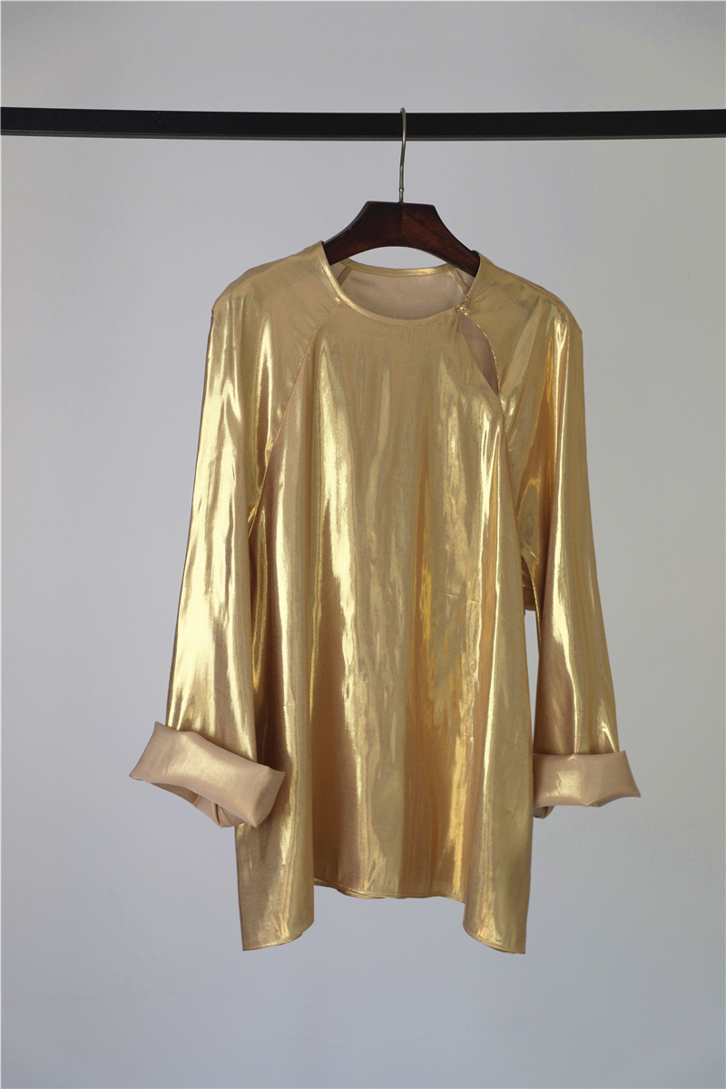 自带滤镜的美衣 桑蚕丝+金色 复古中式盘扣宽松长袖T恤衬衫女