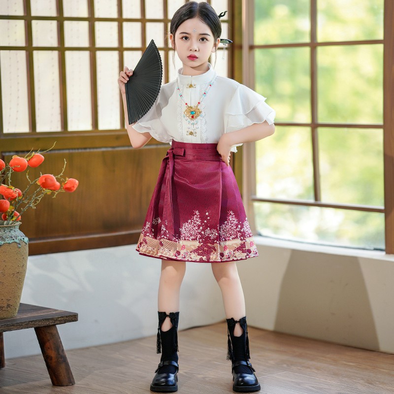 女童马面裙2024新款中国风改良套装夏季古装中式唐装短款儿童汉服