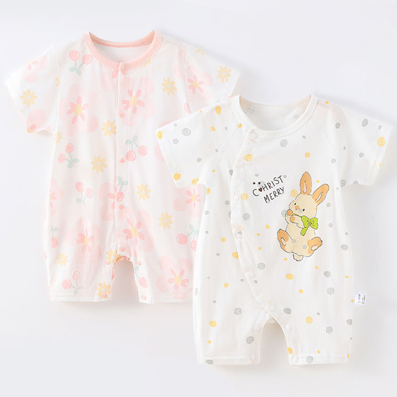 2件 新生婴儿儿连体衣夏季0-1岁薄款宝宝短袖纯棉空调服哈衣睡衣