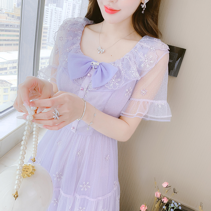 网纱刺绣紫色哺乳连衣裙夏季2023产后哺衣外出满月宴会礼服长裙