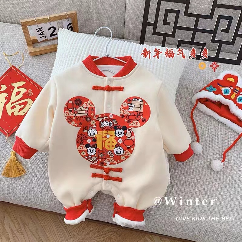 中国风婴儿拜年服冬季男女宝宝新年装喜庆过年新生儿加绒连体哈衣