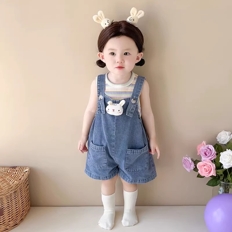 婴儿衣服夏季韩版超萌可爱兔子牛仔背带裤分体套装一岁女宝宝童装