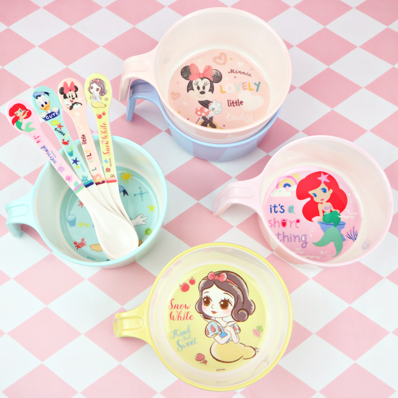 迪士尼儿童碗可爱卡通家用防烫宝宝餐具白雪公主少女心带把手柄碗