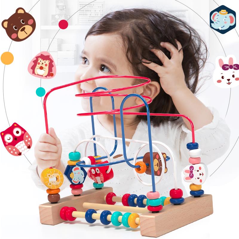 婴儿童绕珠多动物木立功能益力孩木玩智具串珠男孩女0宝宝1一2岁