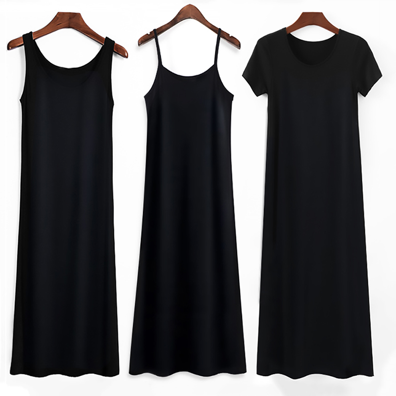 莫代尔宽带吊带裙2023新款爆款黑色大码女士长裙超显身材连衣裙夏