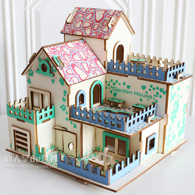 儿童益智拼插房子积木质3d立体拼图男女孩拼装别墅模型手工玩具屋