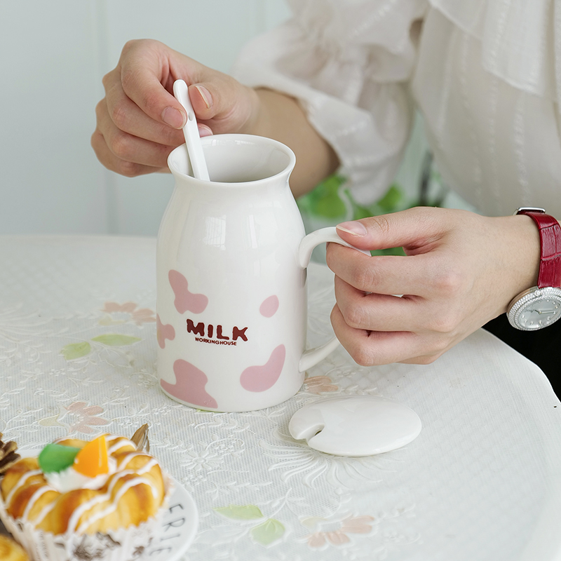 创意奶牛纹陶瓷杯儿童卡通早餐牛奶杯带盖勺马克杯家用情侣水杯