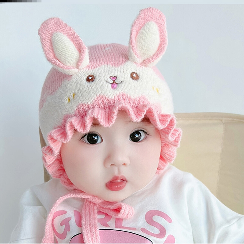 冬天婴幼儿婴儿帽子可爱超萌秋冬款女宝宝兔子护耳毛线针织帽保暖