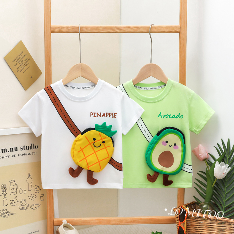 洛米兔2024夏季新款卡通水果纯棉短袖男女童水果小包短袖T恤