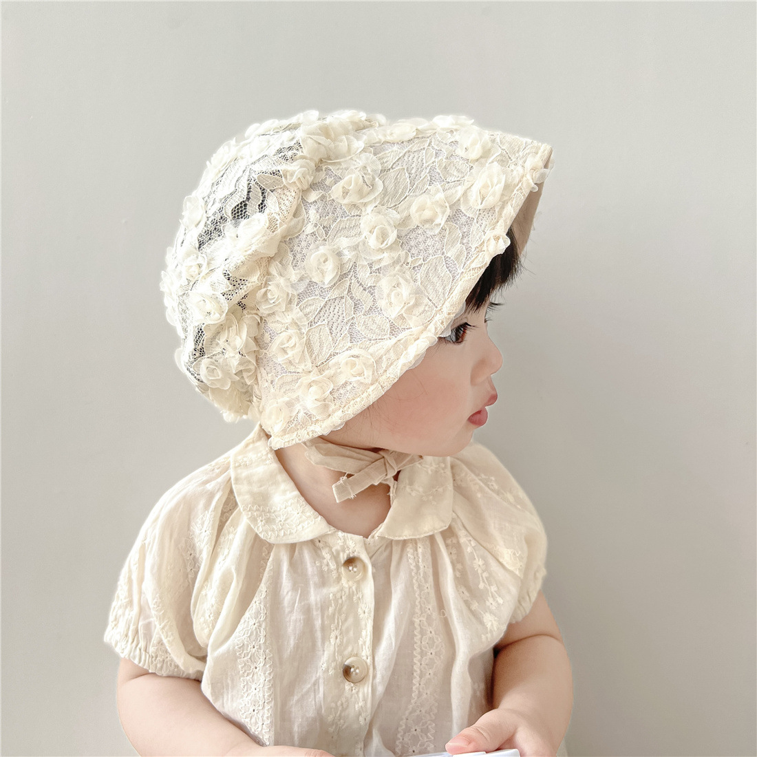 婴儿帽子夏季薄款法式蕾丝宫廷帽女宝宝玫瑰花帽檐甜美遮阳公主帽