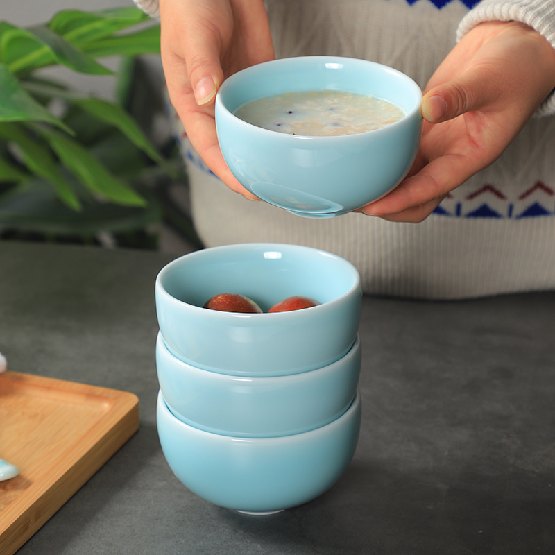 龙泉青瓷素色米饭碗家用陶瓷碗4/4.5英寸罗汉碗收口小碗纯色汤碗