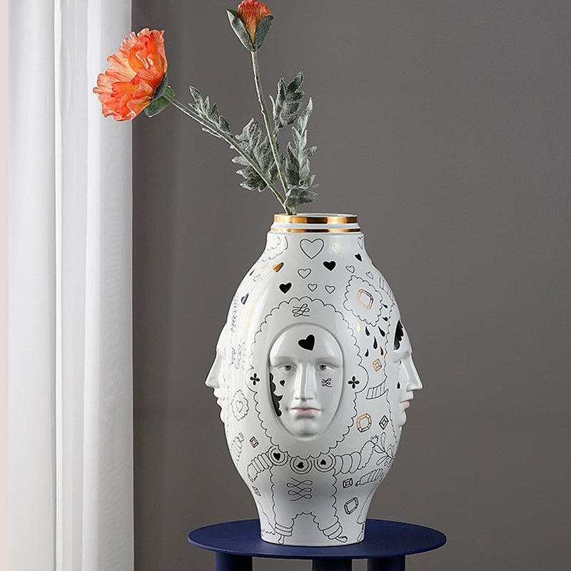 彩绘浮雕人脸陶瓷大花瓶摆件客厅玄关餐桌精品插花器样板房装饰品