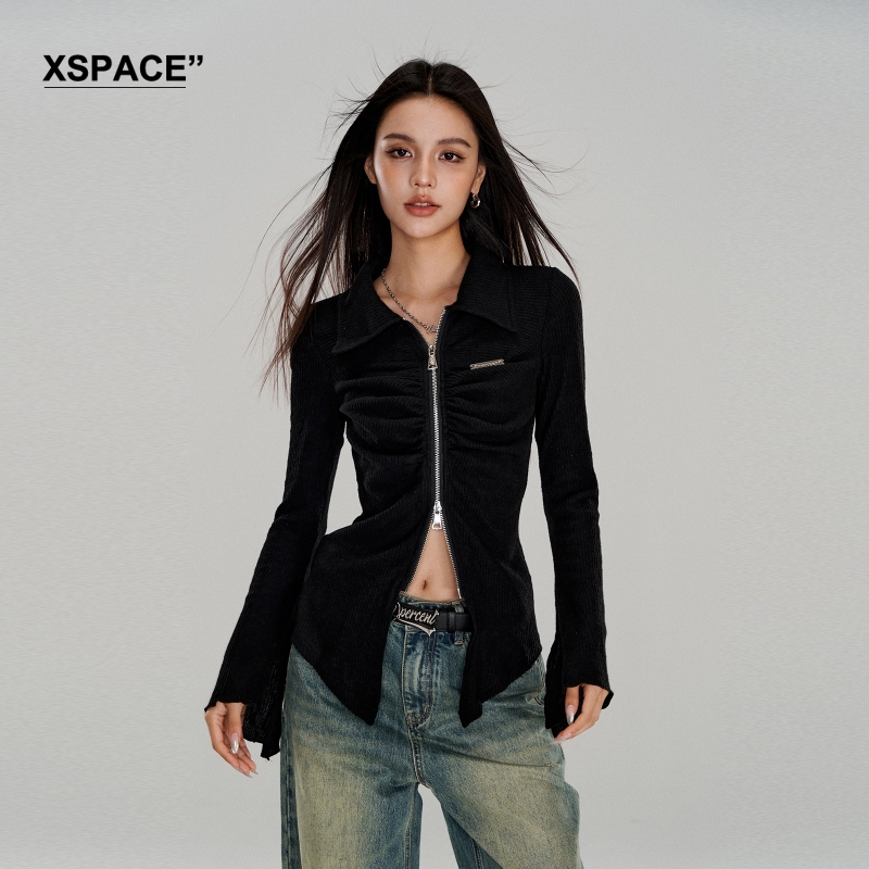 【XSPACE】Dpercent｜美式复古胸部抽褶上衣辣妹风修身长袖衬衫