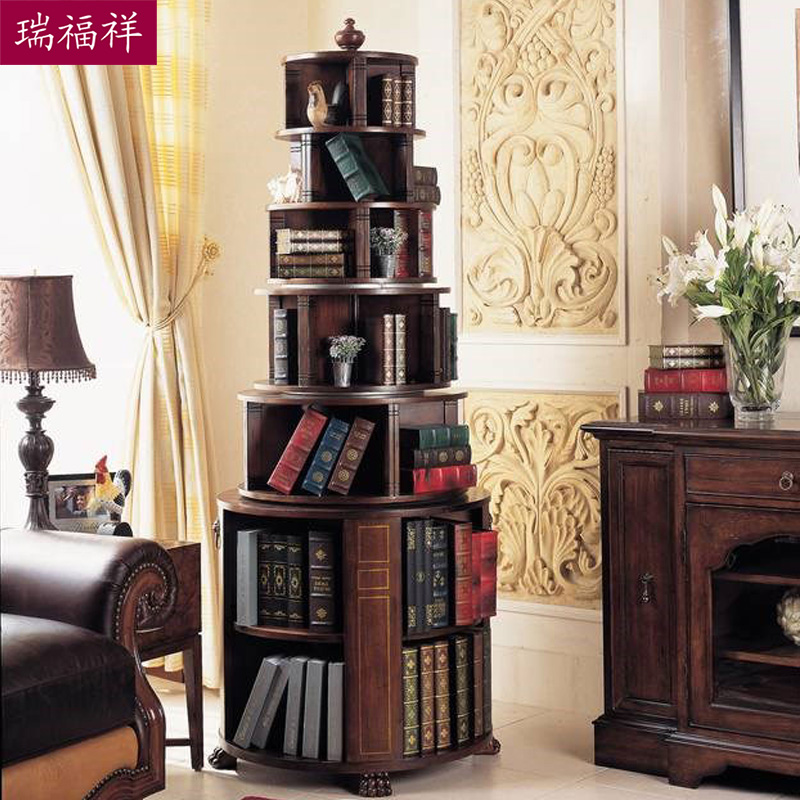 瑞福祥美式实木旋转书架360度落地置物架书房家用小书柜书橱AK211