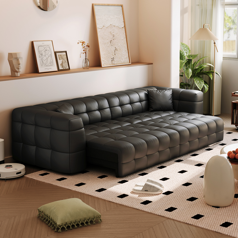 品洛意式极简黑色棉花糖沙发美式复古侘寂风硅胶皮电动直排沙发床
