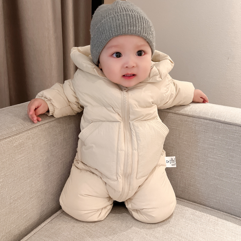 婴儿冬装宝宝连体衣服新年外套羽绒服儿童加厚冬季白鸭绒拜年外出