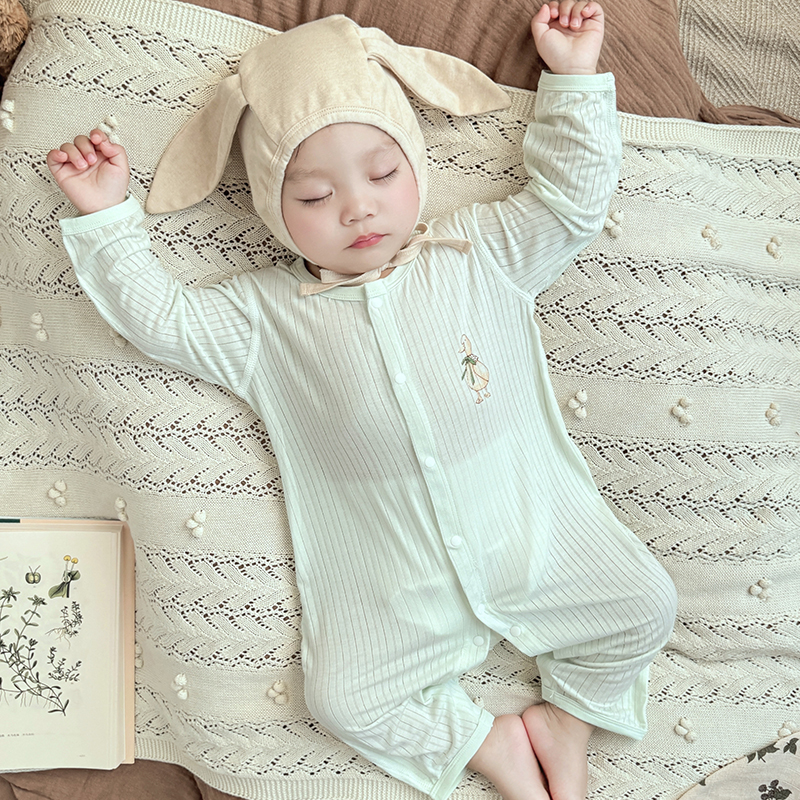 婴儿夏季薄款连体衣宝宝长袖空调服新生儿衣服莫代尔0-3个月睡衣