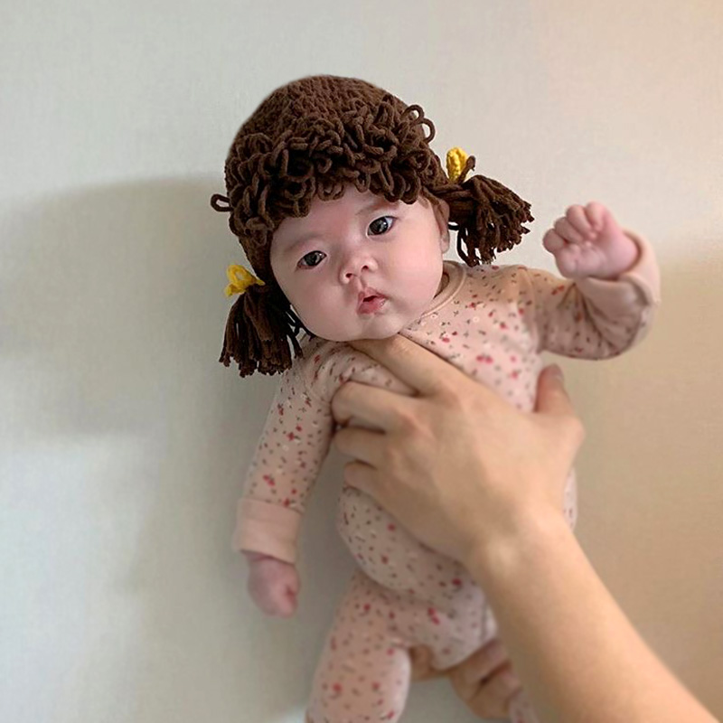 新初生婴幼儿头饰饰品4-18个月女宝宝搞怪假发辫子针织毛线帽发饰