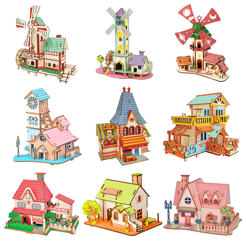 创意手工3D木制立体拼图小屋 乡村房子别墅 儿童女孩拼装益智玩具