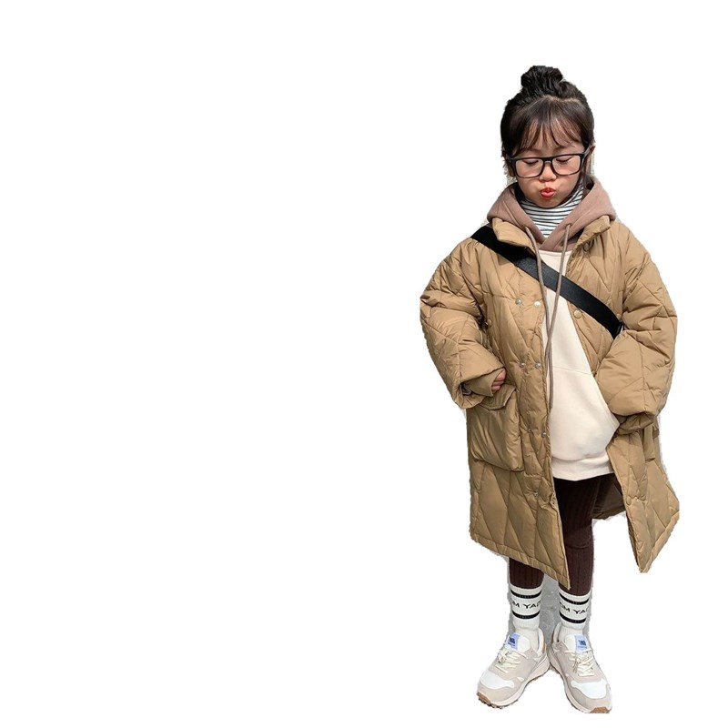 女童外套2022秋冬新款儿童洋气韩版中长款菱格女宝宝加厚保暖棉服