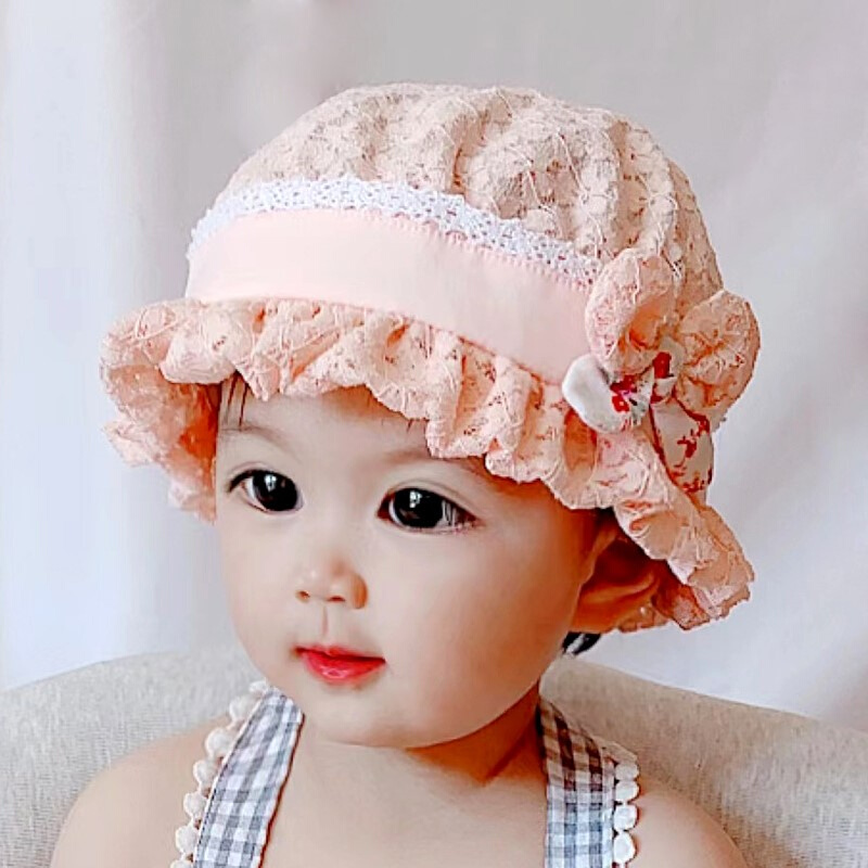 6一12月婴儿帽一岁宝宝帽子春秋款女宝遮阳帽小月龄渔夫帽蕾丝帽