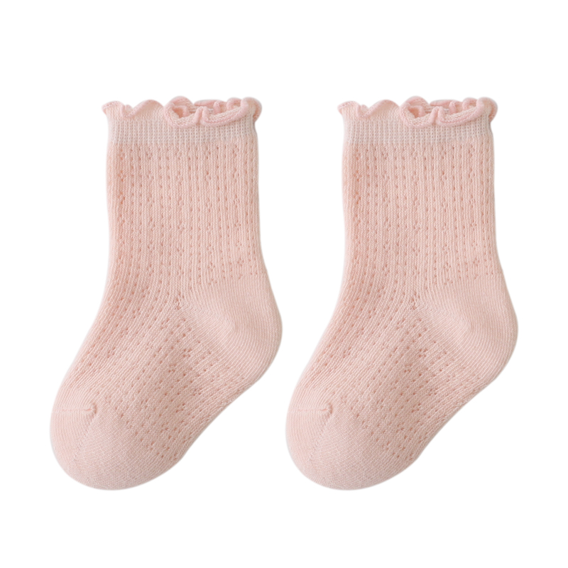 婴儿袜子夏季纯棉薄款宝宝网眼透气短袜女童松口不勒腿花边中筒袜
