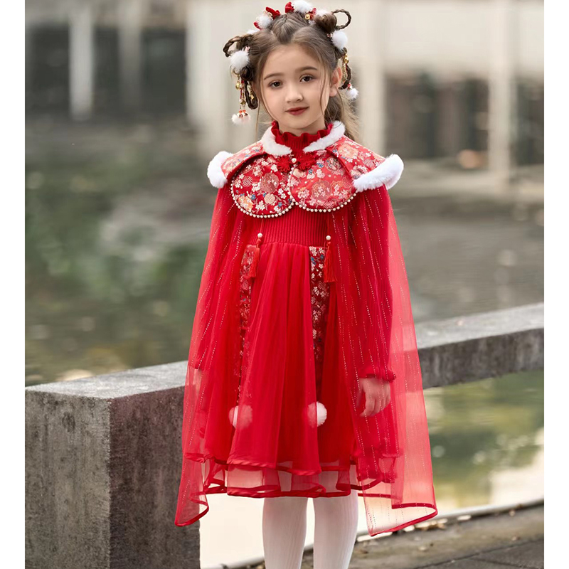 红色毛衣裙女童儿童裙子冬天冬款2023新款洋气秋冬中国风连衣裙粉