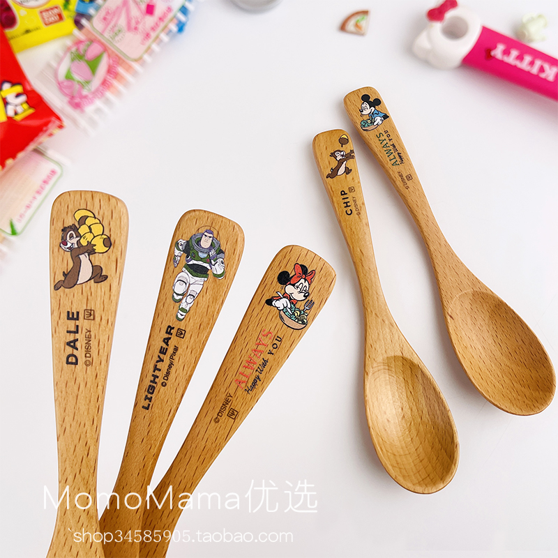 现货日本制迪士尼限定米奇米妮奇奇蒂蒂天然木幼儿童汤匙饭粥勺子