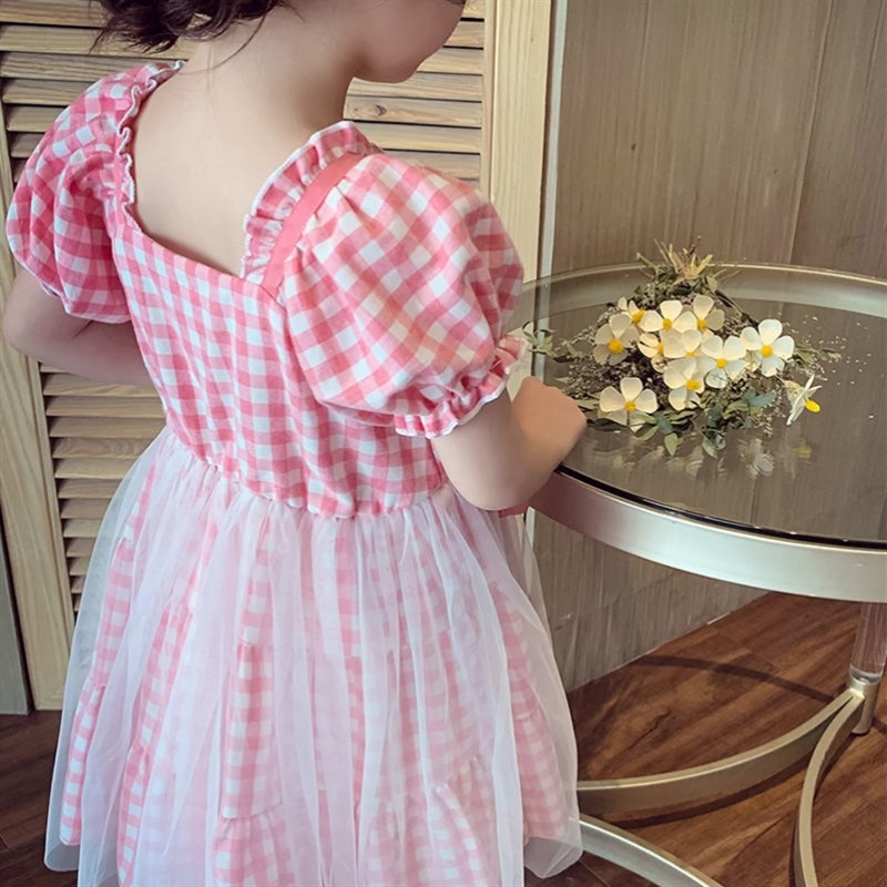 女童洋装2023新款儿童韩版洋派格纹网纱小女孩裙子泡泡袖公主裙