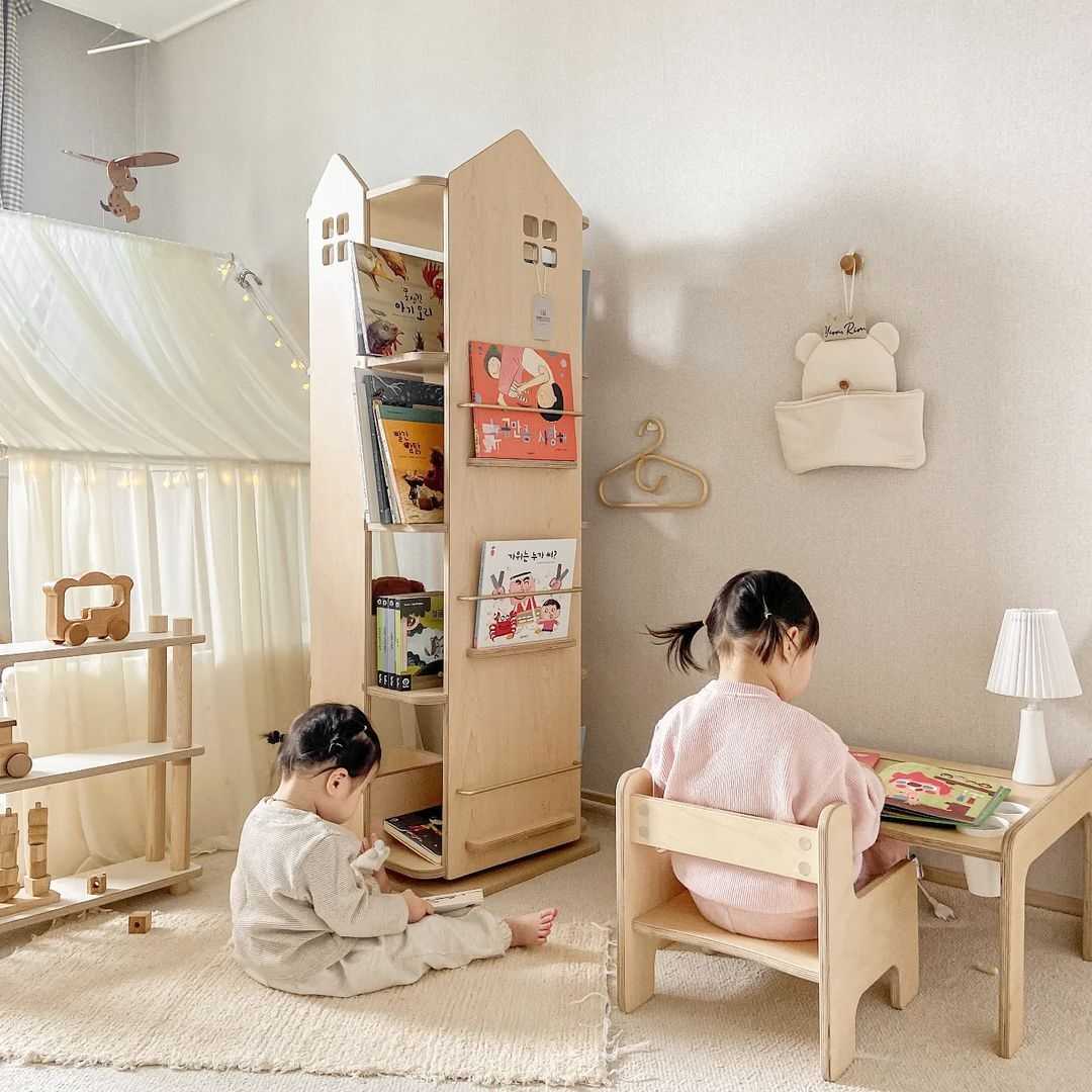 北欧ins风实木环保儿童360°旋转书架绘本架卡通学生床头客厅书架