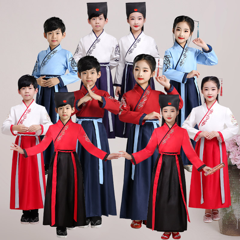 国学服装三字经演出服儿童成人男女同款男童红色中国风古装汉服