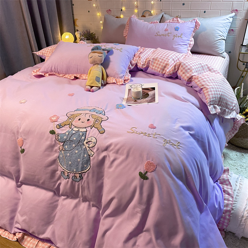 网红公主风紫色床裙花边刺绣水洗棉床上四件套少女儿童小女孩床单