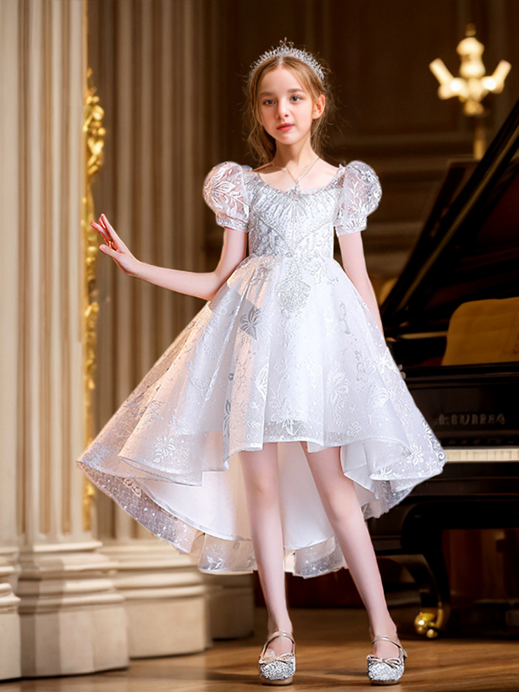 女童公主裙礼服儿童白色前短后长燕尾婚纱小女孩钢琴主持人演出服