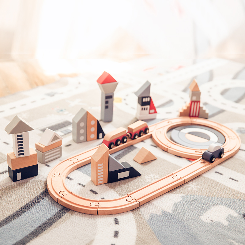 EverEarth大都会轨道火车木质儿童玩具拼装宝宝小火车套装1岁-6岁