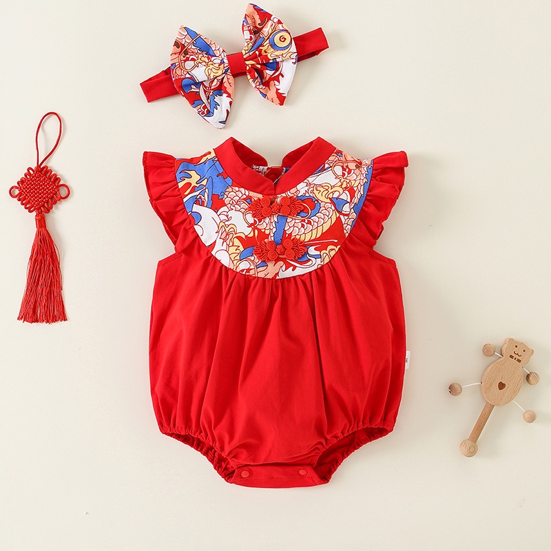 女宝宝抓周礼服夏装无袖套头式周岁宴服装婴儿衣服红色包屁连体衣