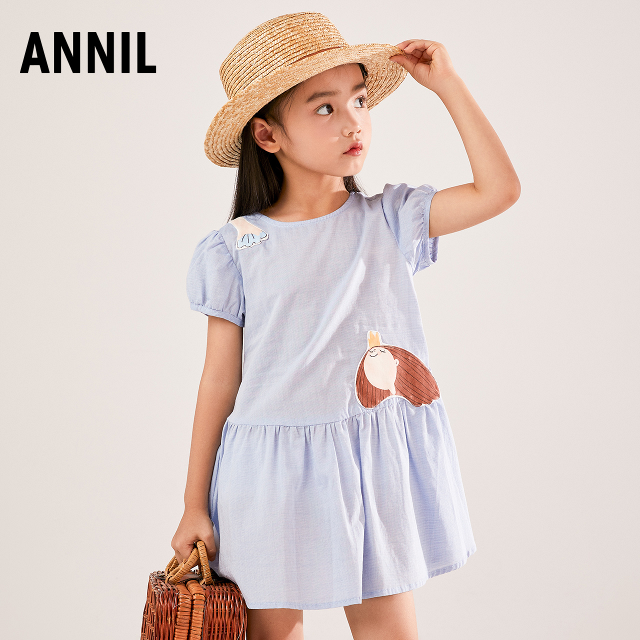 安奈儿童装夏季女小童短袖连衣裙女孩全棉卡通单层裙子透气薄