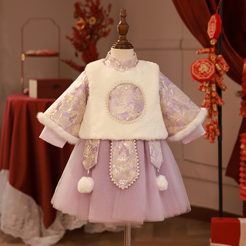 中式周岁礼服女宝宝冬季女童抓周唐装公主裙中国风过年加厚拜年服