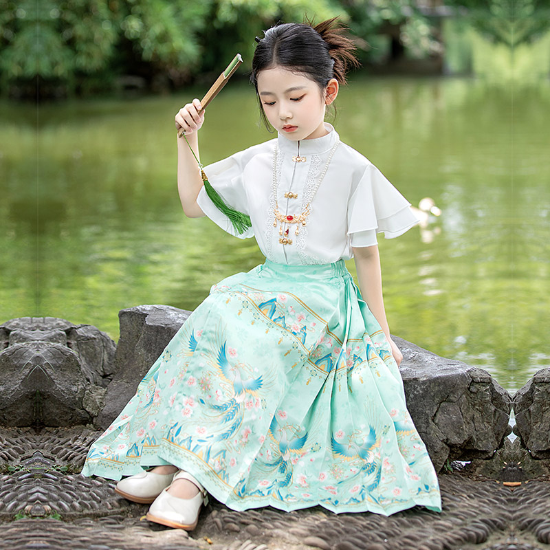 女童中国风古装改良马面裙套装女孩大童夏款儿童汉服童装明制唐装