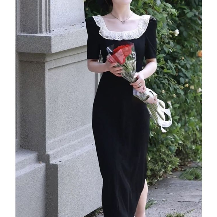 恩贝女装服饰2024新气质瑰丽情书夏季法式赫本风修身蕾丝小黑裙