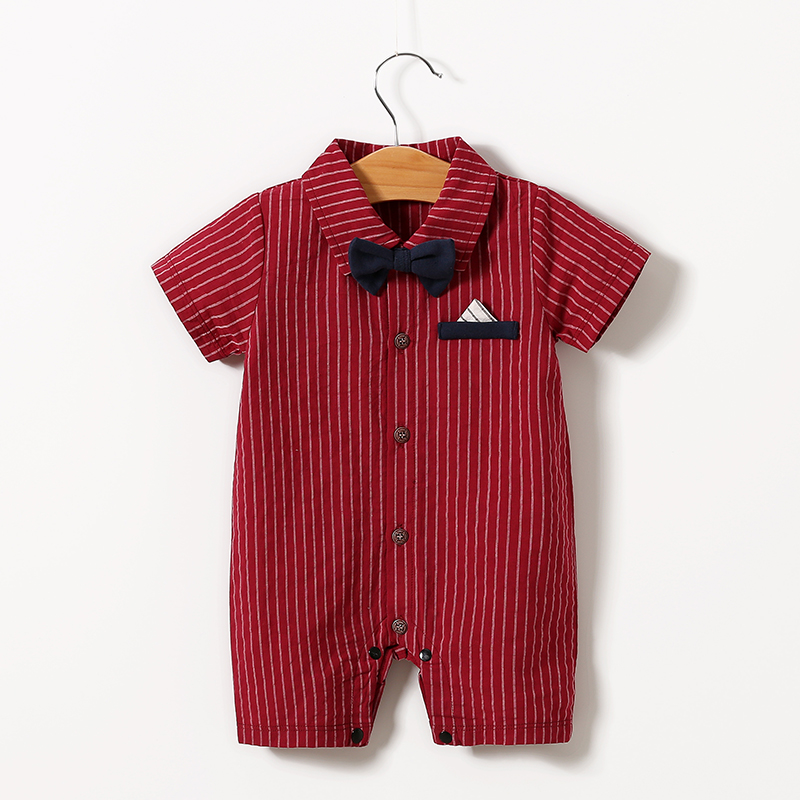 婴儿满月服百天一周岁酒红色宝宝夏装拍照礼服男短袖薄款连体衣服
