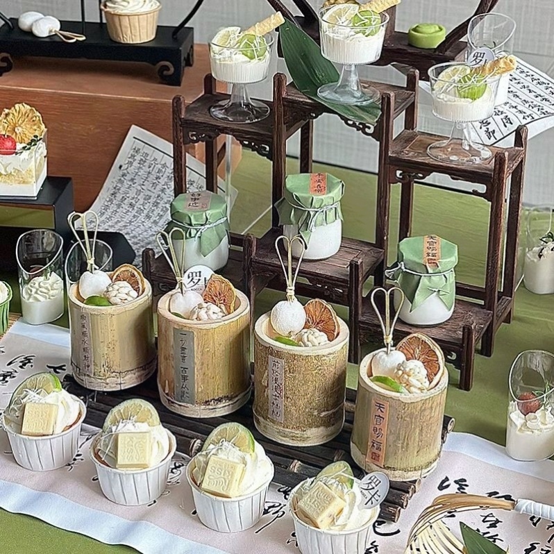 新中式绿色国风主题 宝宝周岁满月宴甜品台蛋糕装饰插件